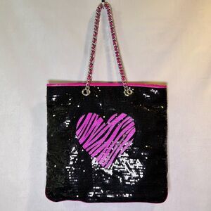 Betsey Johnson Betseyville black sequined tote bag pink zebra-striped heart.